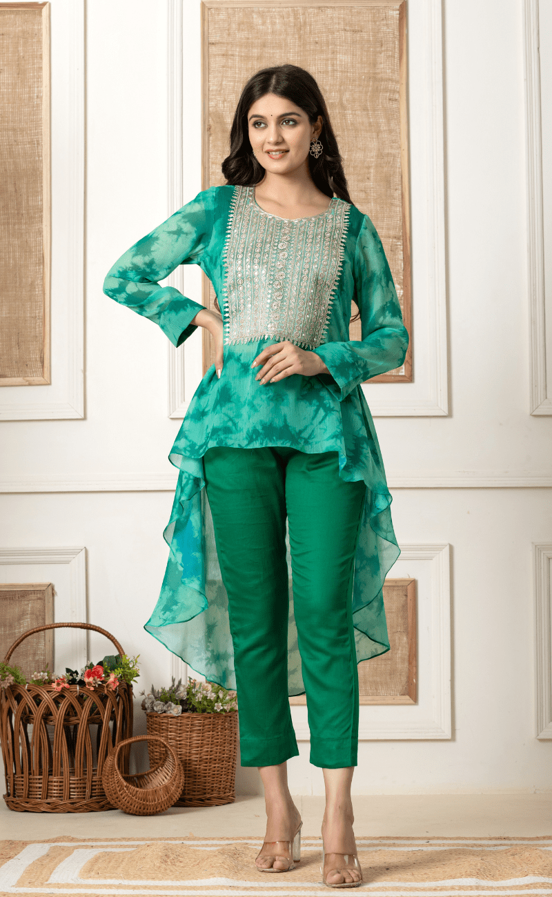 Green Embellished Asymmetrical Top and Pant Set