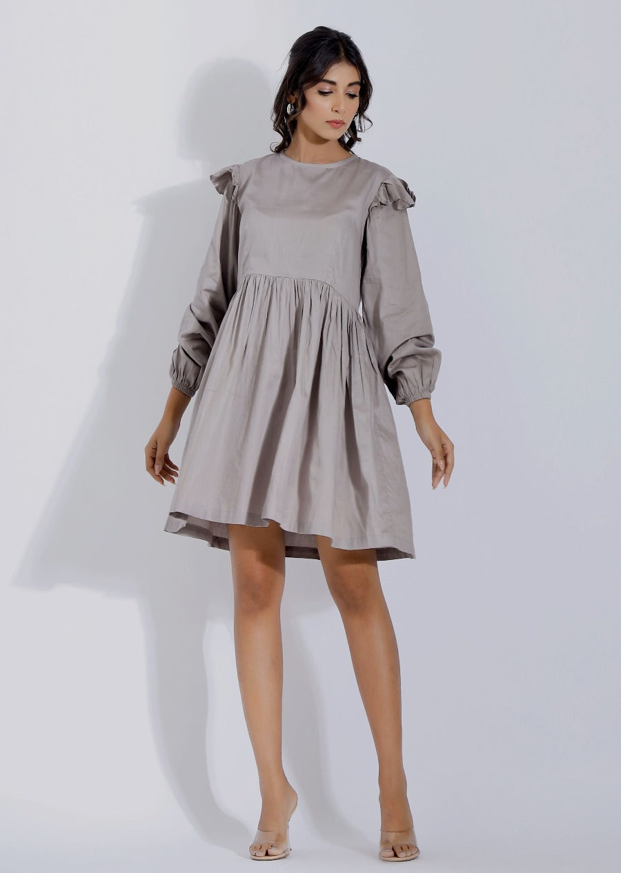 Grey Mini Skater Dress with Sleeves front