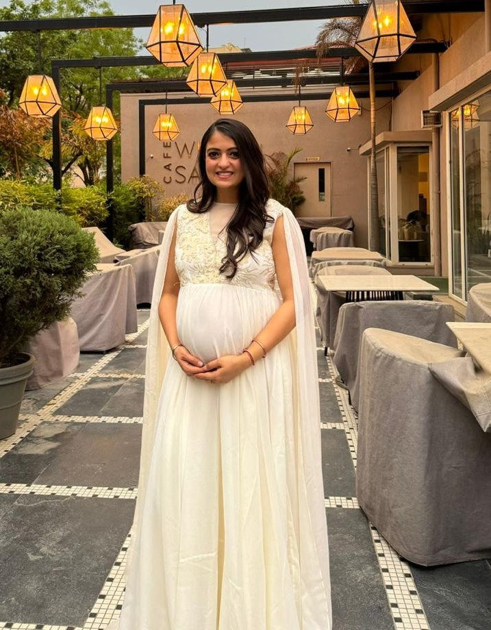 Ivory Color Cape Sleeves Maternity Shoot Dress