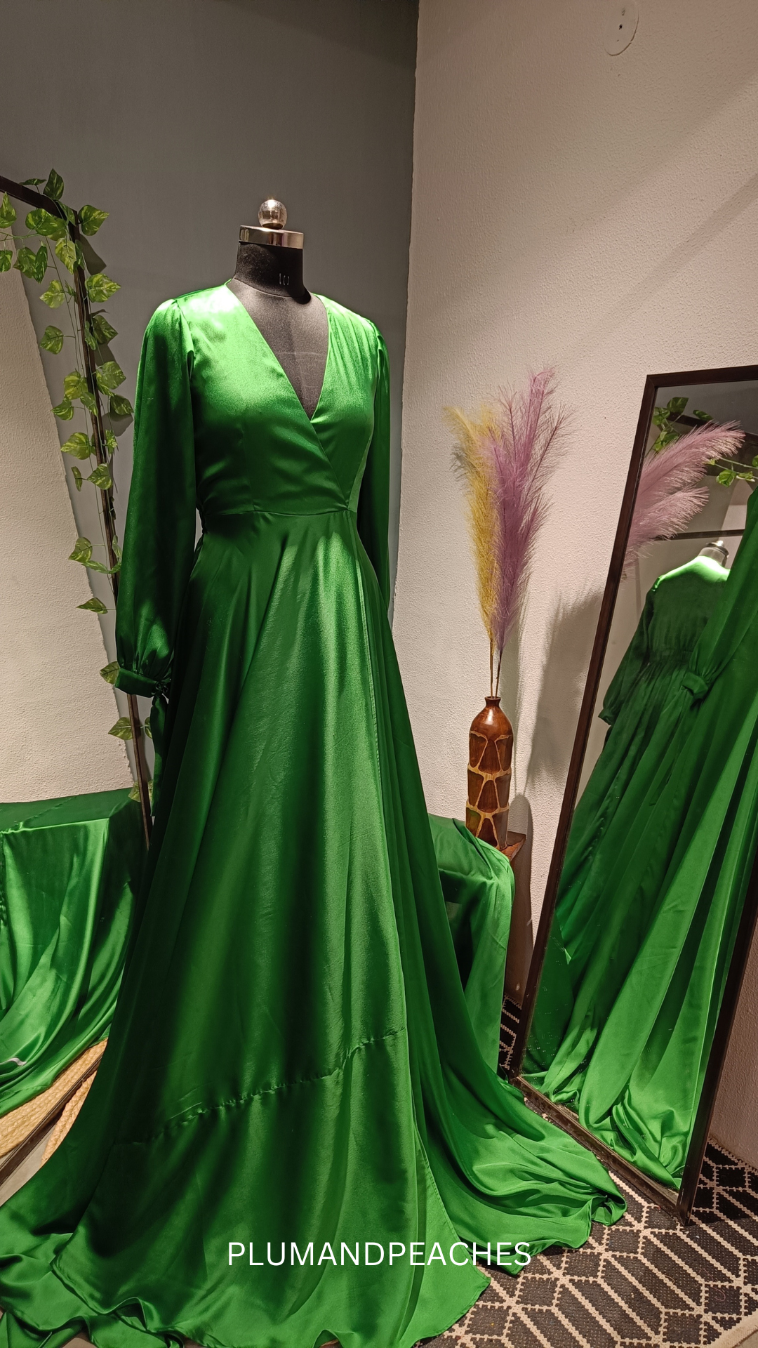 Long Trail Satin Gown with Sleeves