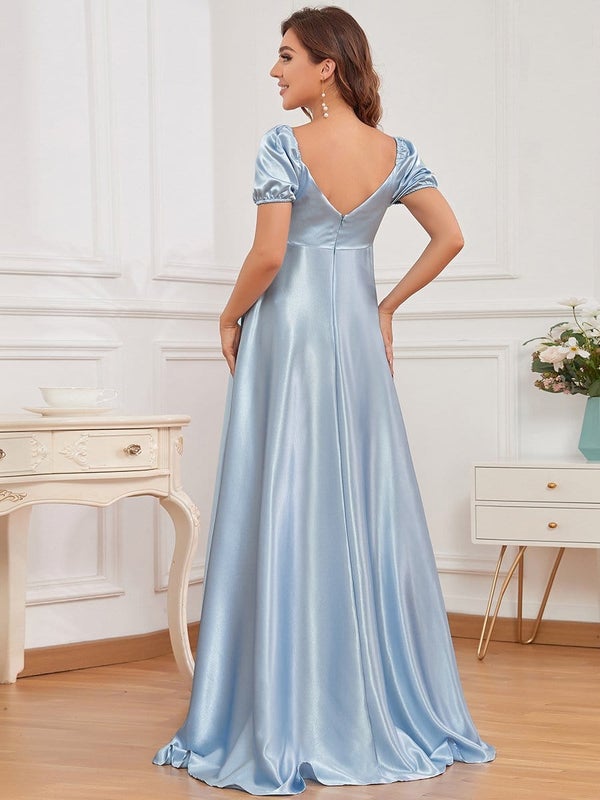 satin maternity dress Timeless Sophistication: Satin Maternity Gown with Pleated Bodice and Puff Sleeves – Plum and Peaches