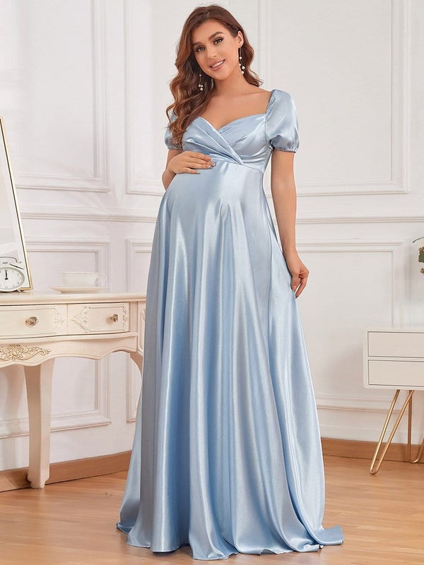 Timeless Sophistication: Satin Maternity Gown with Pleated Bodice and Puff Sleeves Plum and Peaches Timeless Sophistication: Satin Maternity Gown with Pleated Bodice and Puff Sleeves Plum and Peaches