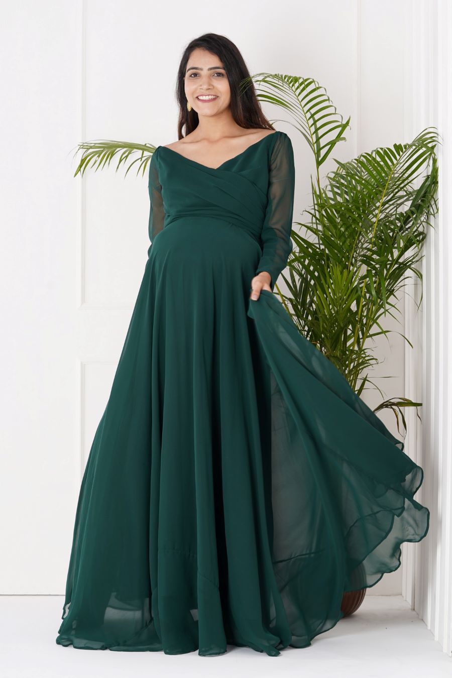 Womens Long Sleeve Maternity Dress Elegant Fitted Gown Slim Fit
