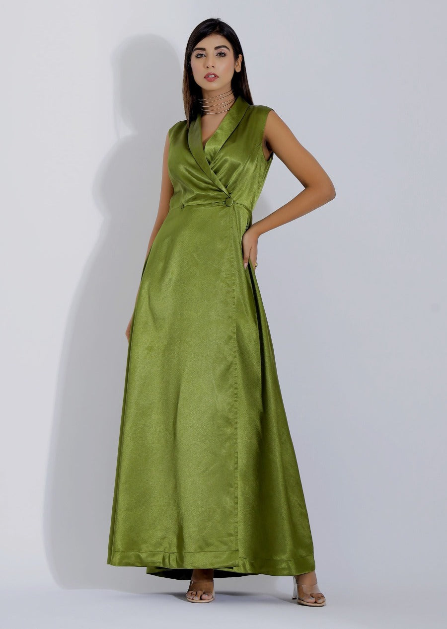Maxi Cocktail Gown in Olive Green Colour