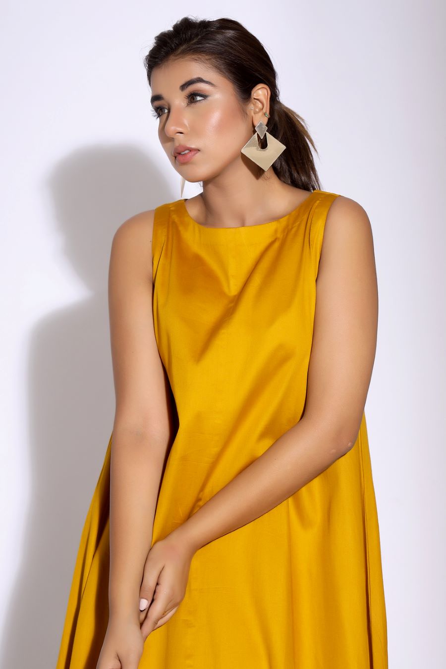 Mustard Yellow Cotton Dress with Ruffle Hem