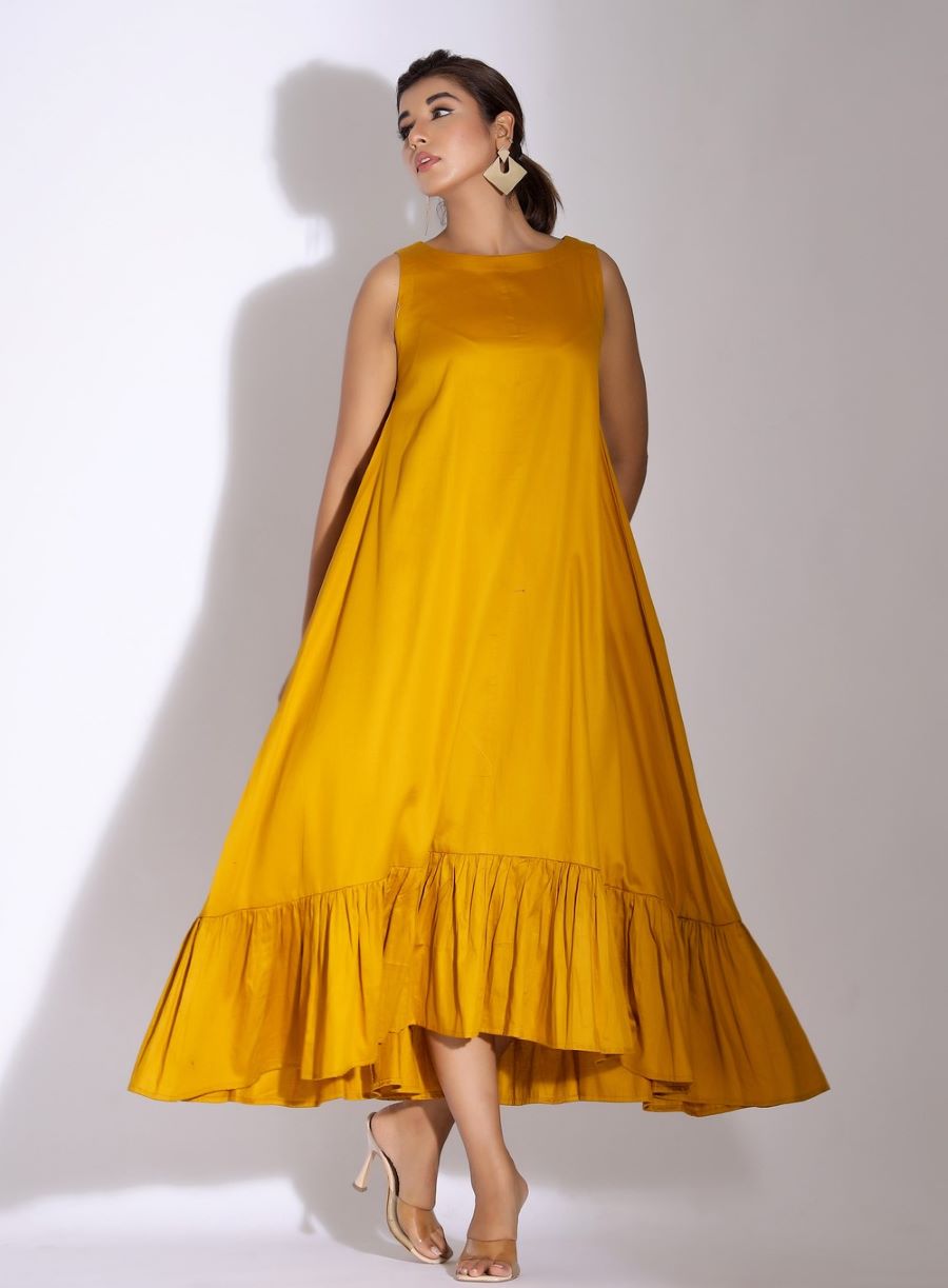 Mustard Yellow Cotton Dress with Ruffle Hem