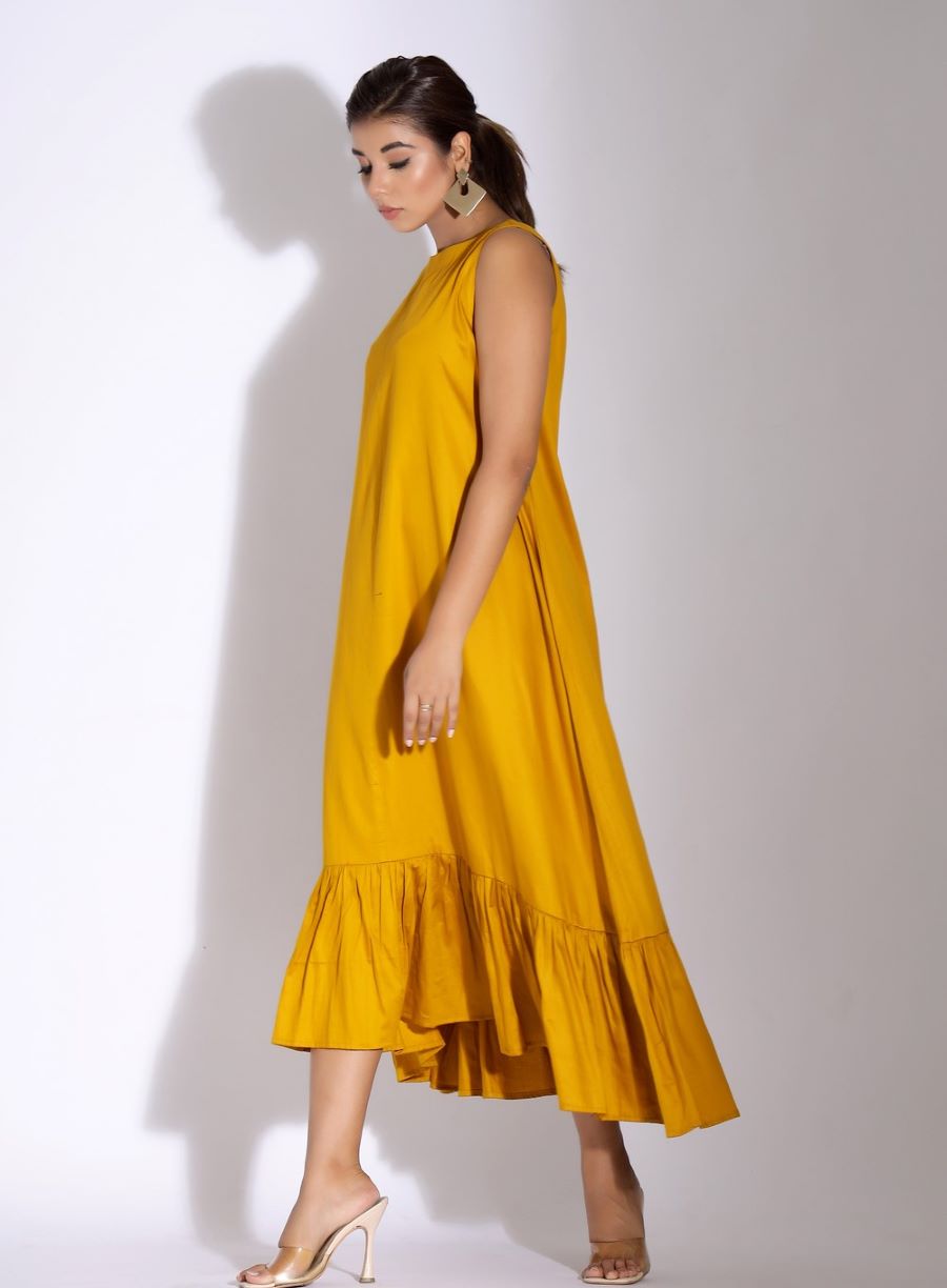 Mustard Yellow Cotton Dress with Ruffle Hem