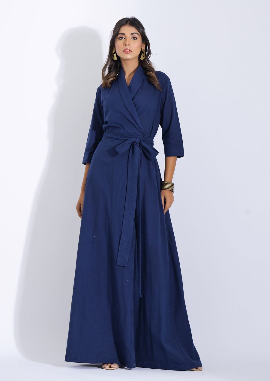 Navy Blue Cotton Wrap Dress in Maxi Length