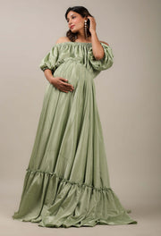 Green Maternity Dress For Photoshoot | Off-Shoulder Maternity Dress