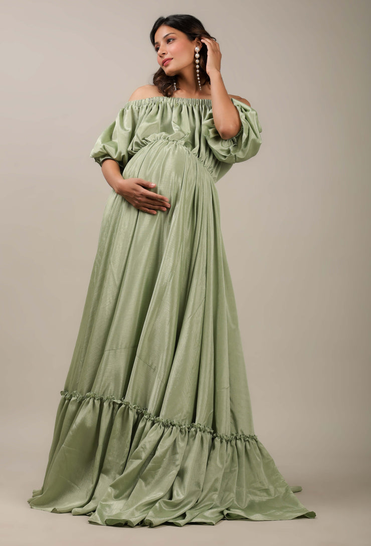 Green Maternity Dress For Photoshoot | Off-Shoulder Maternity Dress