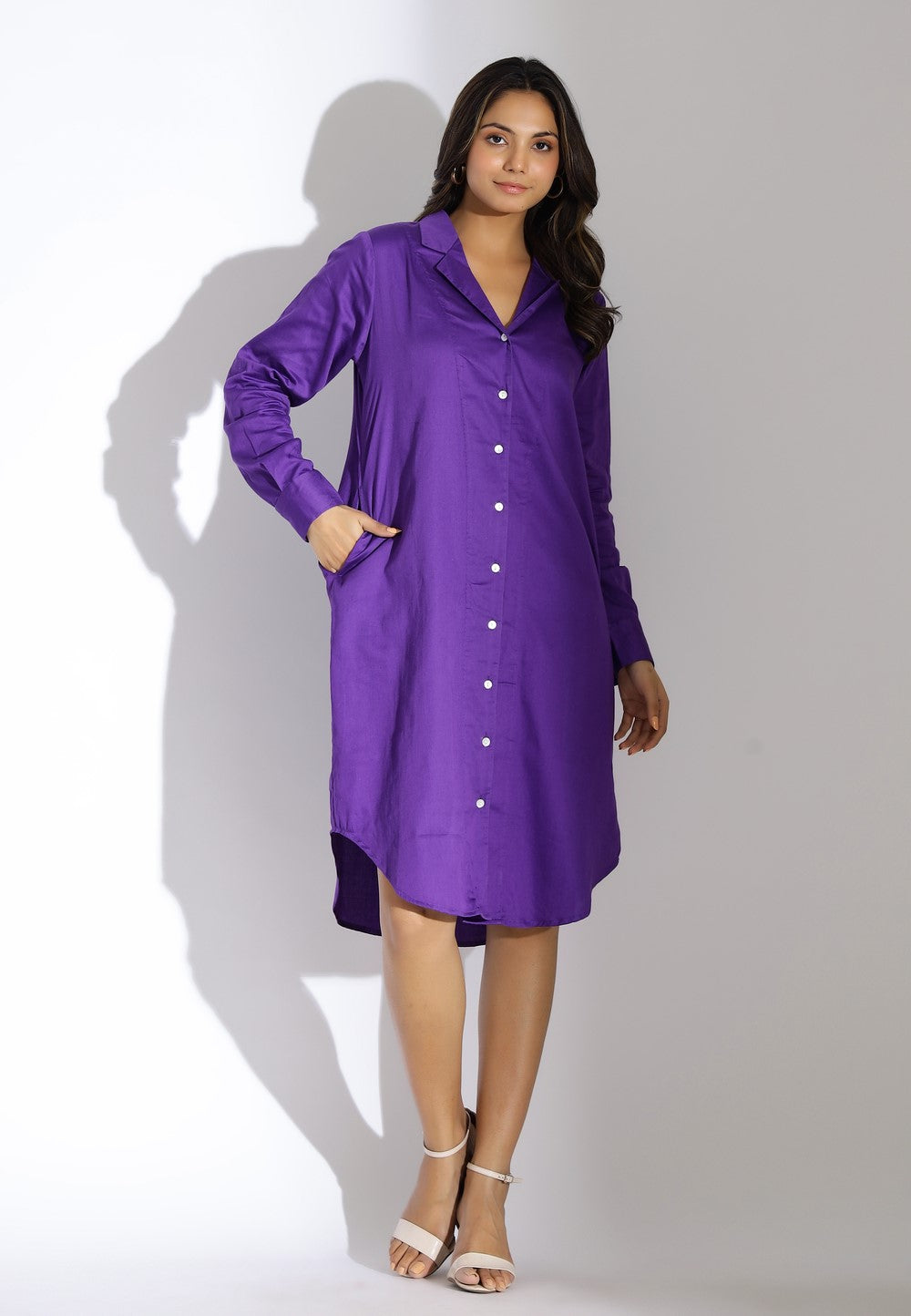 purple cotton shirt dress front