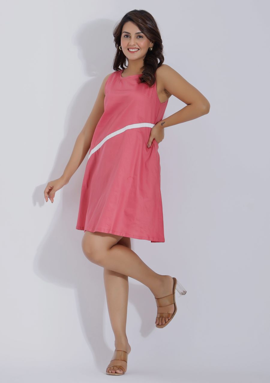 Pink Casual A Line Short Cotton Dress