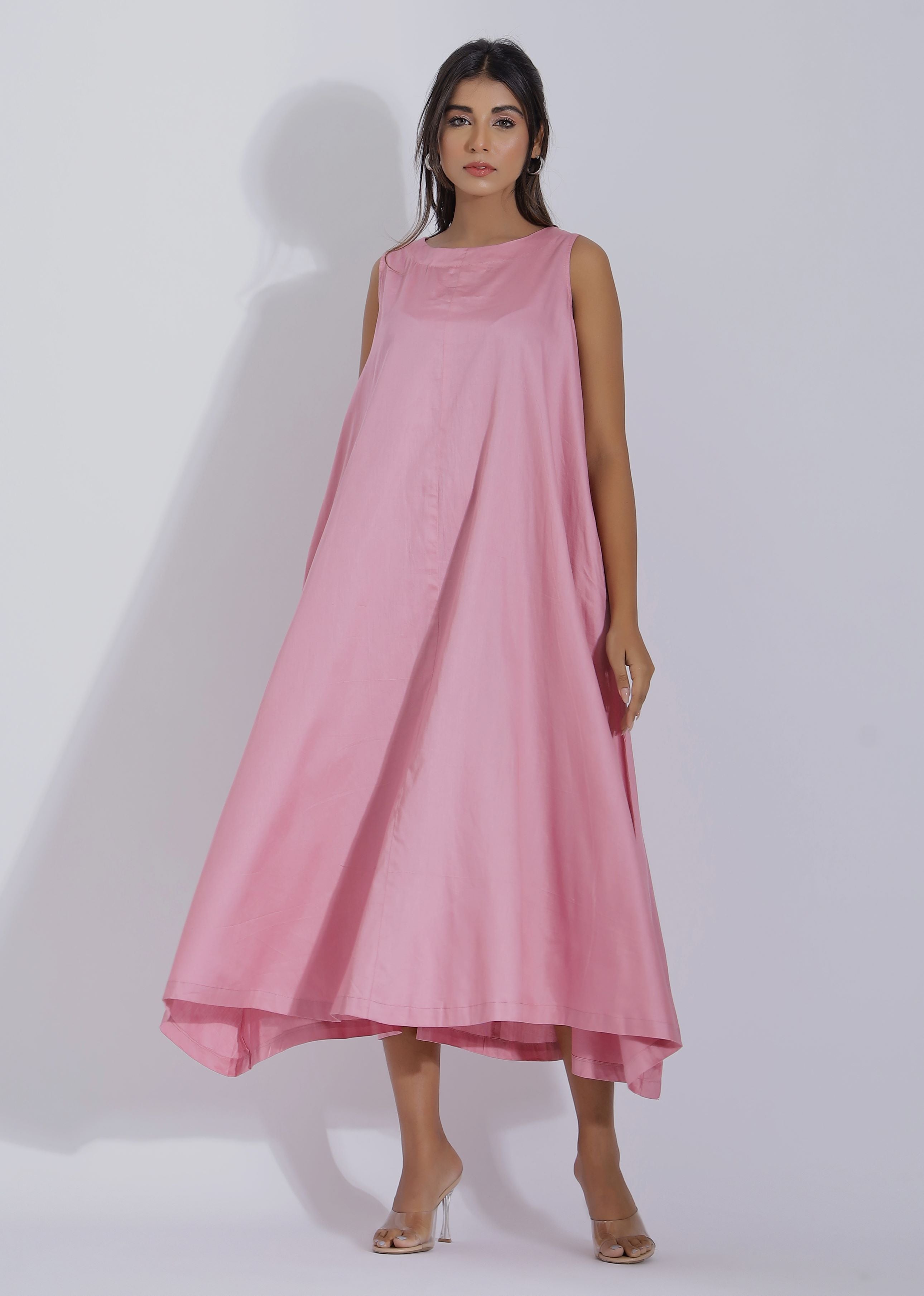 Pink Cotton Midi Dress front 