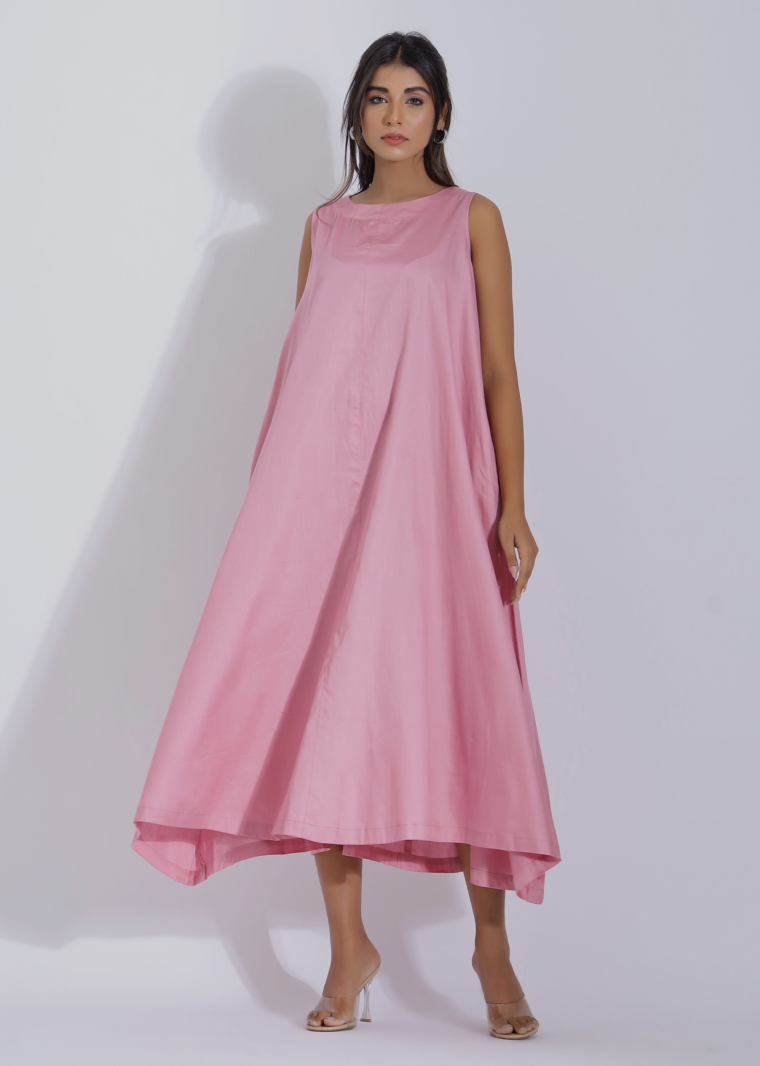 Pink Colour Cotton Midi Dress for Women