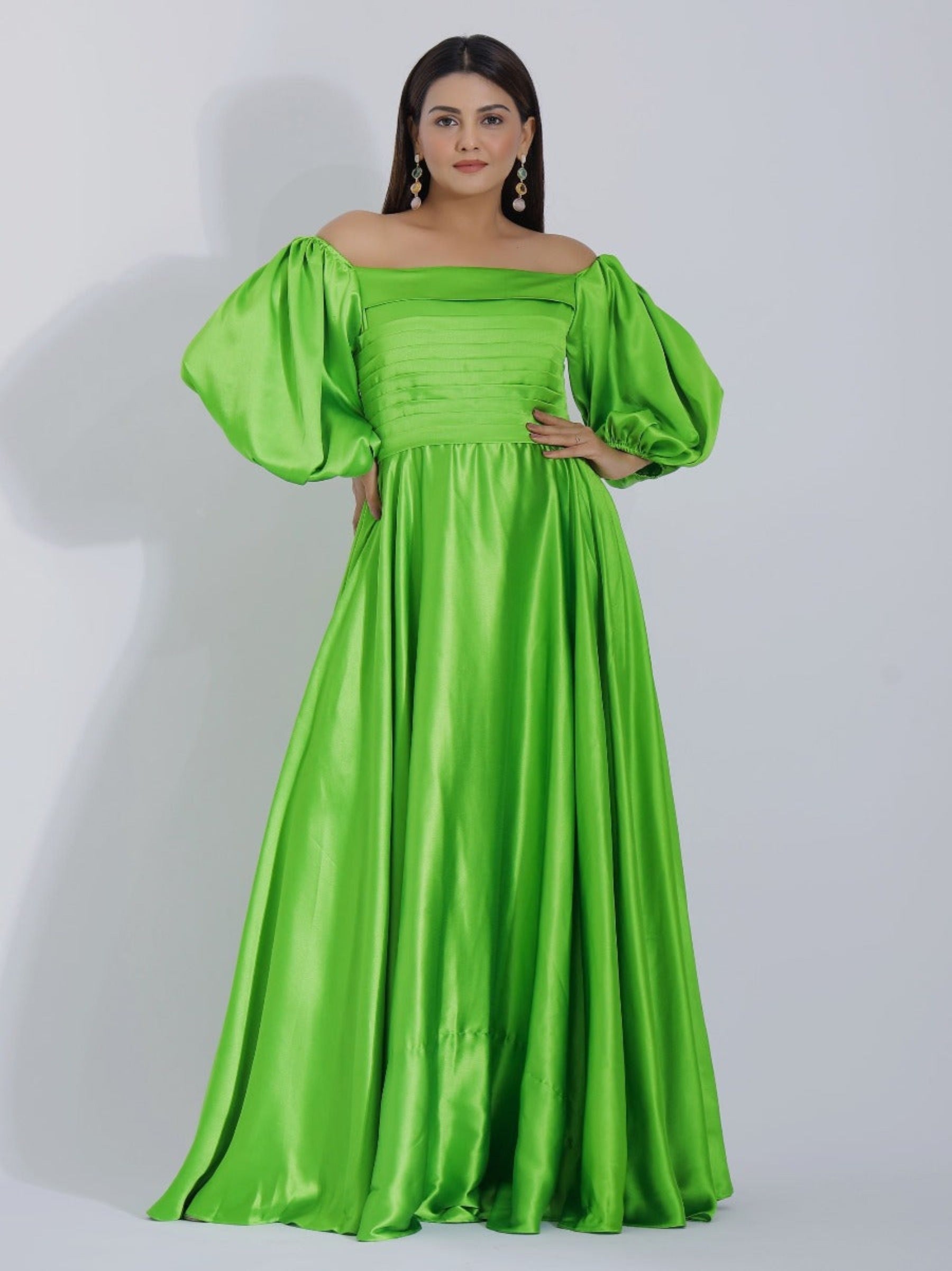 Pleated Off Shoulder Gown Front