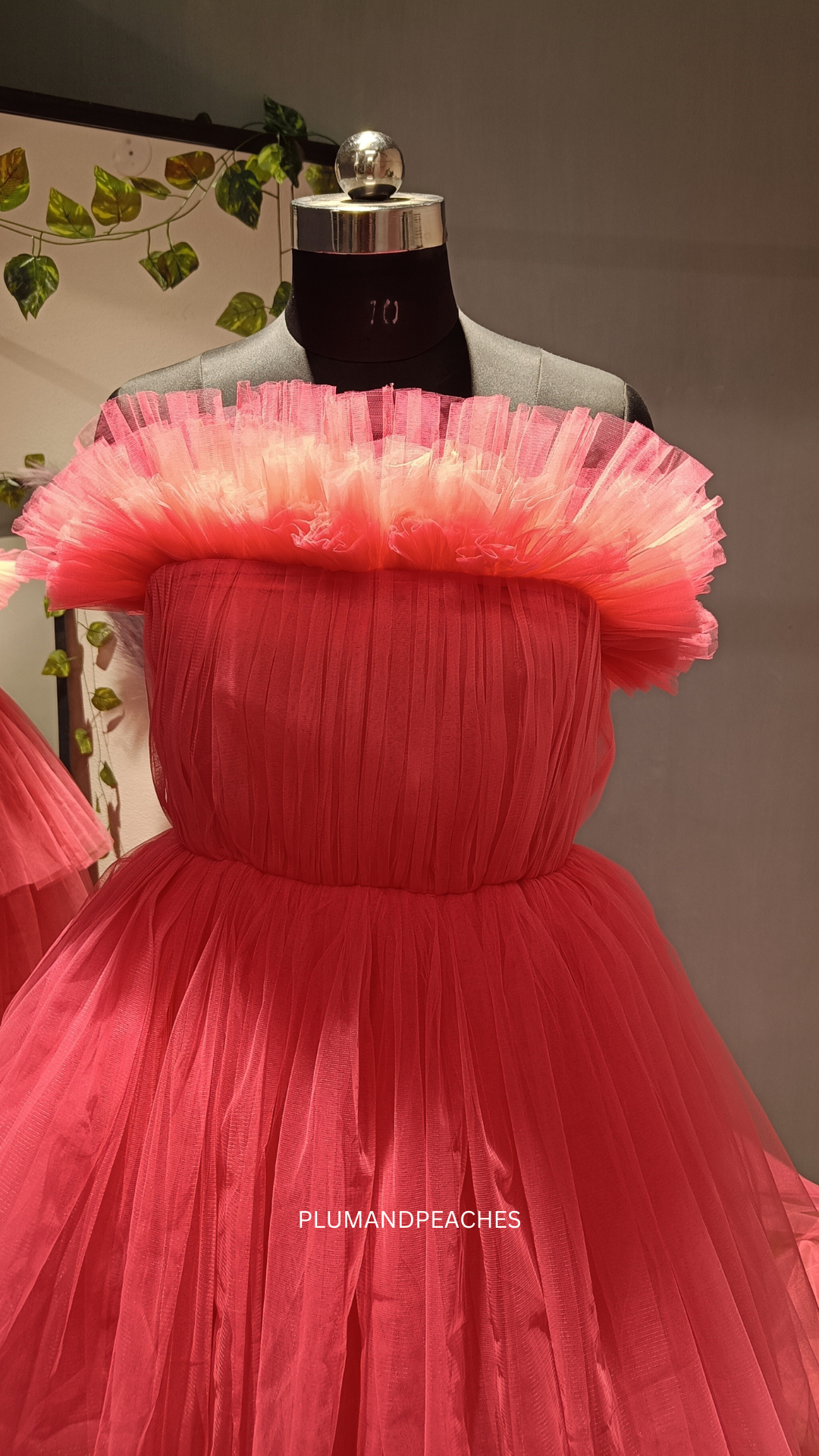 Champagne Pink Designer Gown With Fancy High Neckline