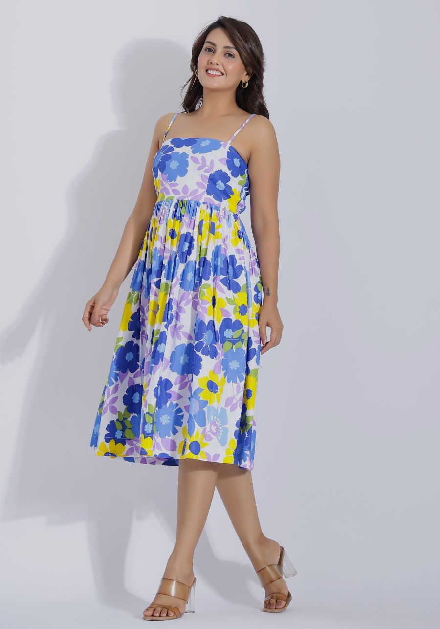 Printed Floral Cotton Dress in Midi Length