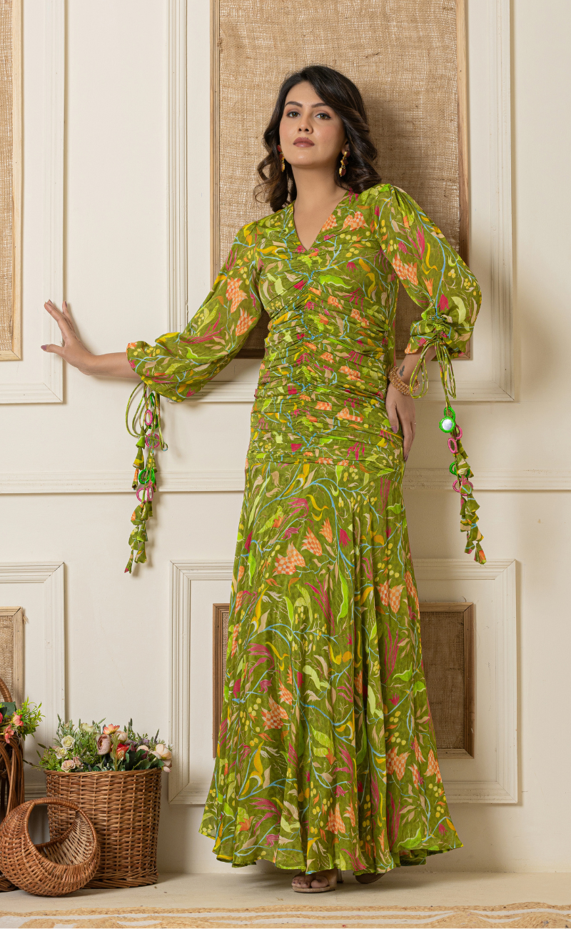 Printed Green Indo Western Dress