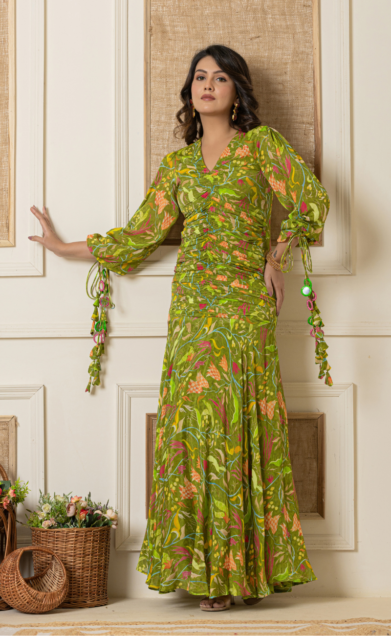 Printed Green Indo Western Gown Plum and Peaches Printed Green Indo Western Gown Plum and Peaches