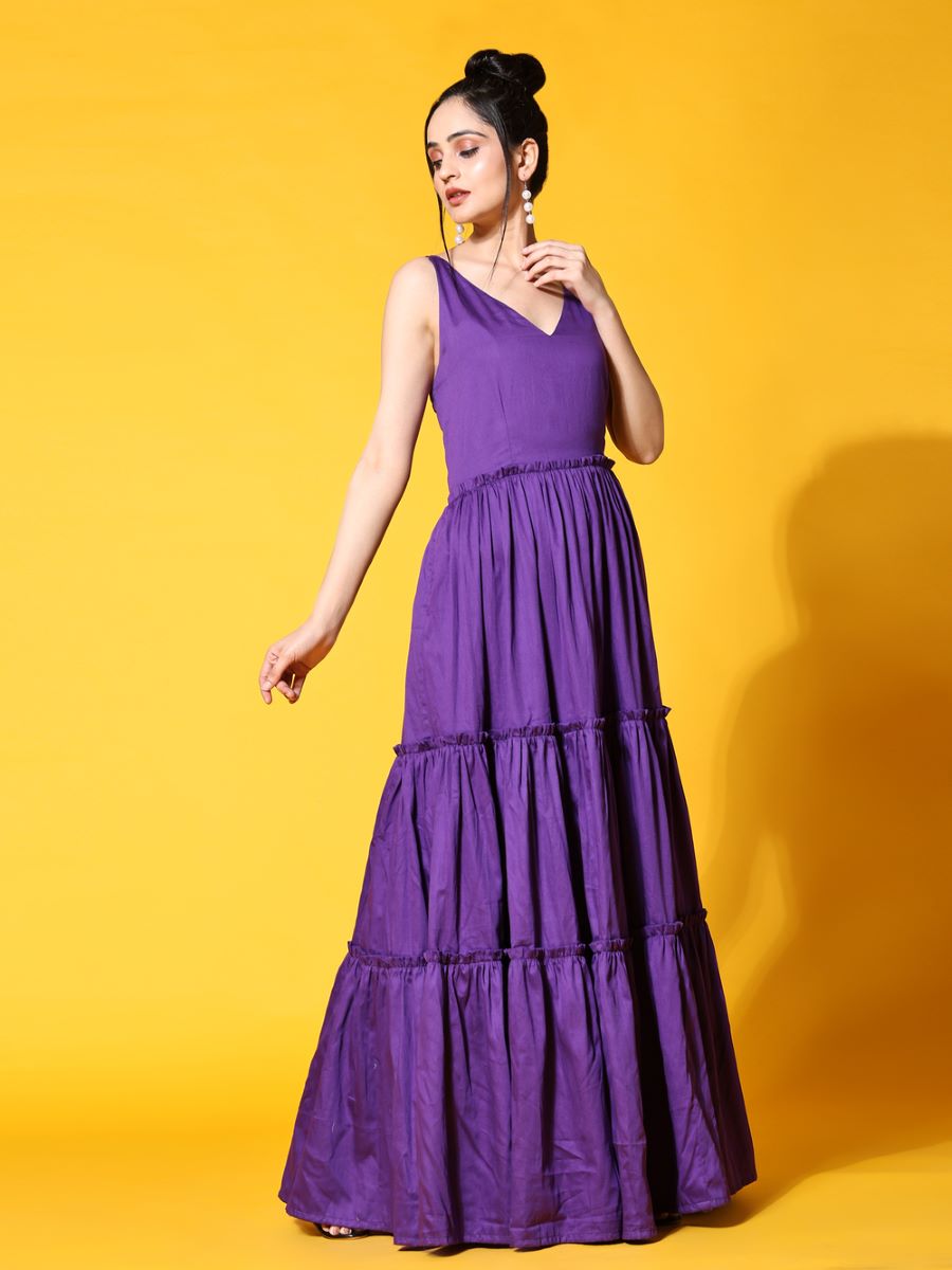 Purple Women Tiered Sleeveless Long Maxi Dress