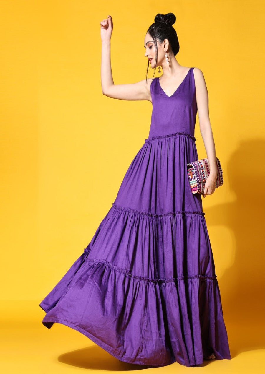 purple tiered maxi dress front