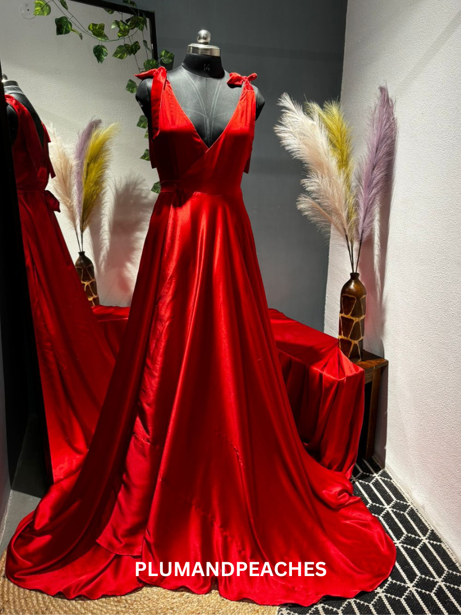 Red Long Photoshoot Dress, Satin Long Flying Dress