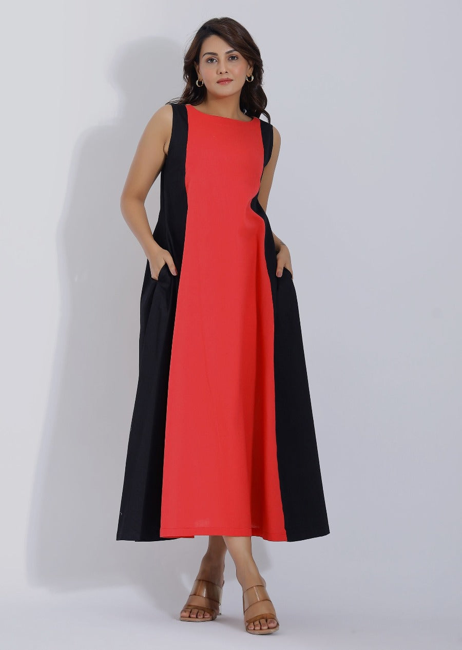 Red Color Block Dress front 1