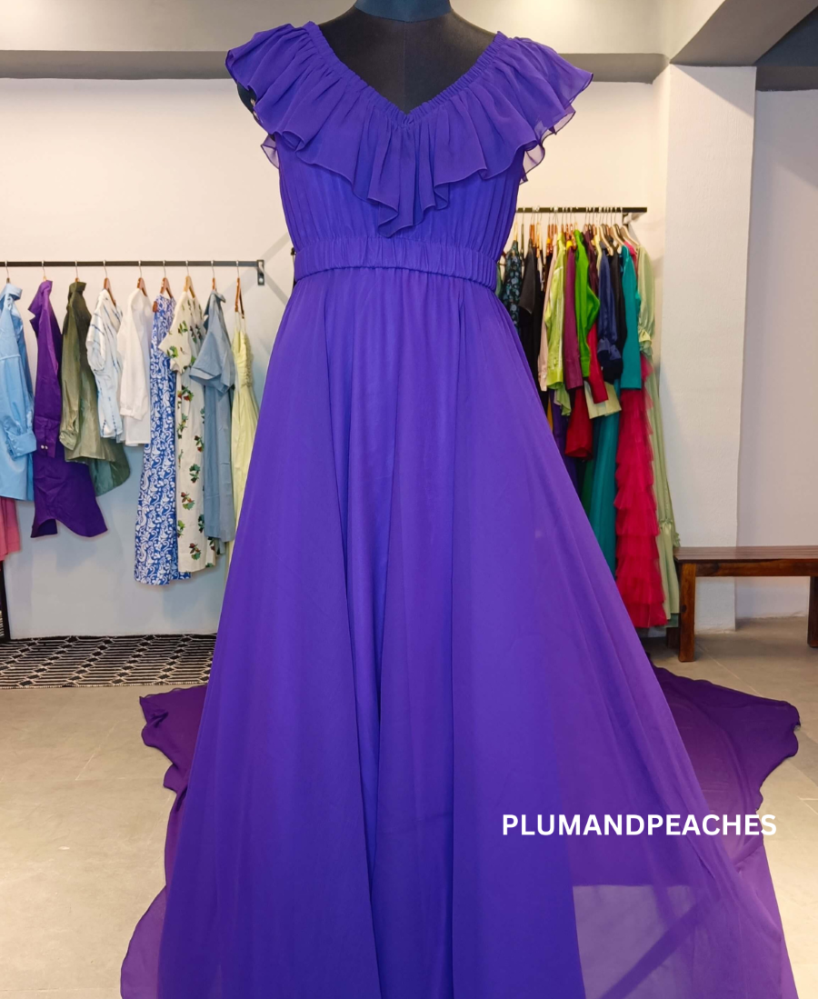 Georgette Long Trail Photoshoot Dress with Ruffled Bodice Plum and Peaches Georgette Long Trail Photoshoot Dress with Ruffled Bodice Plum and Peaches