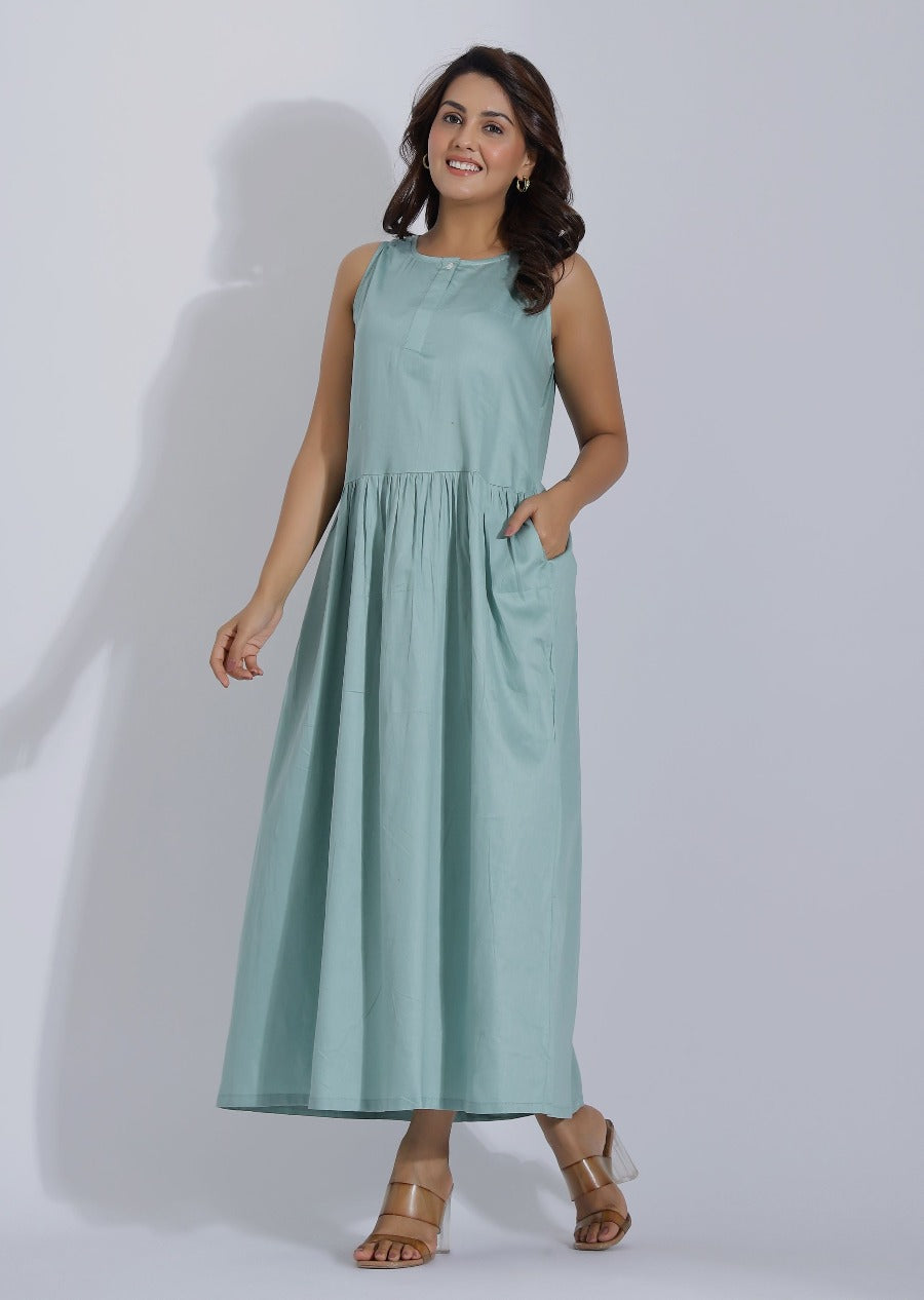 Sage Green Sleeveless Cotton Maxi Dress