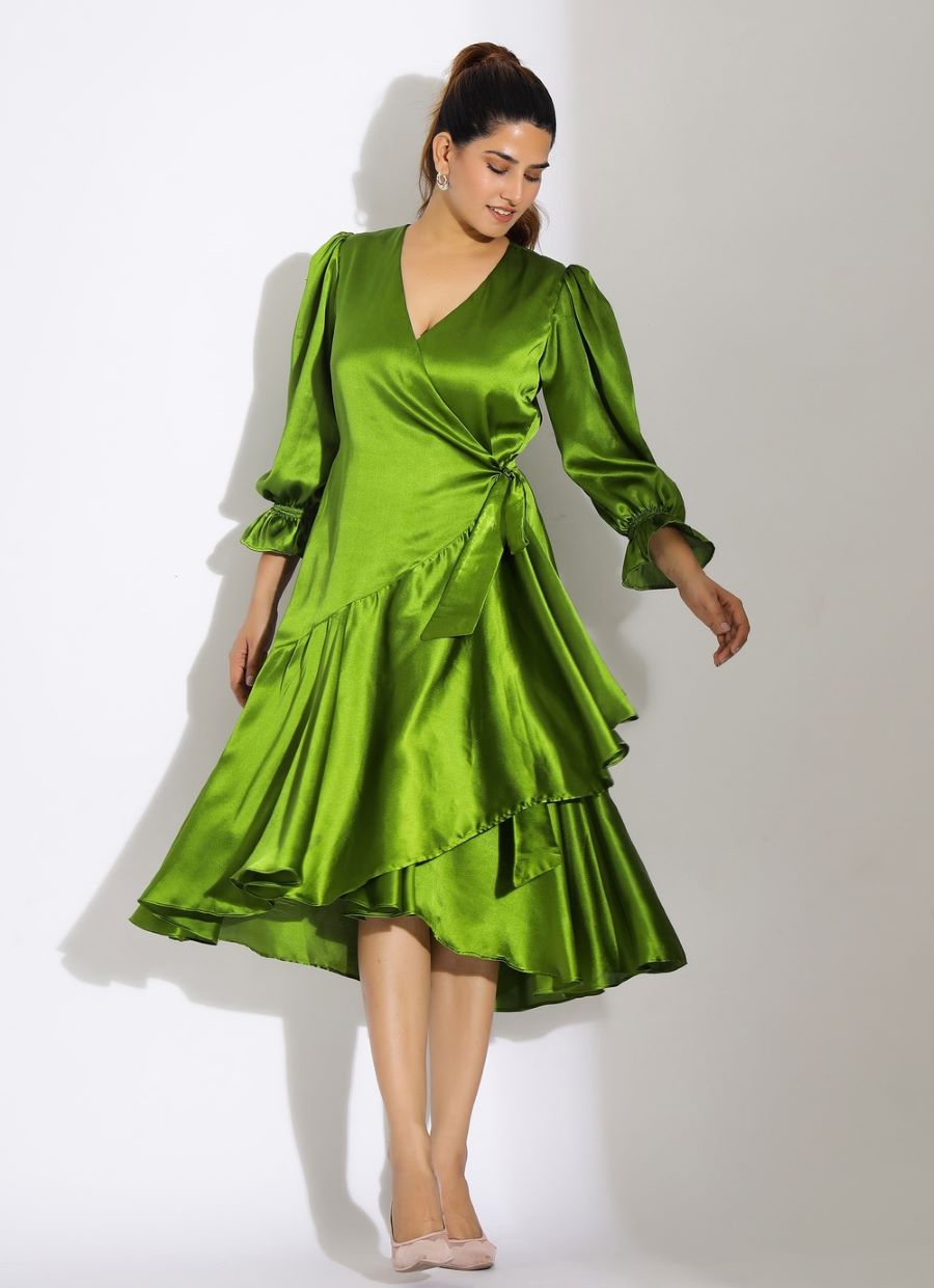 Satin Wrap Dress with Long Sleeves