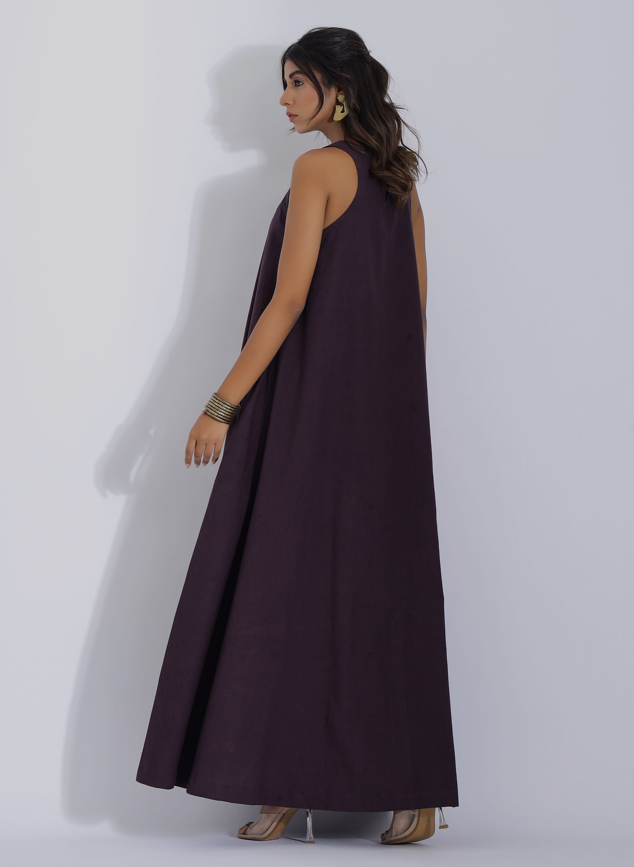 Sleeveless Brown Cotton Maxi Dress back