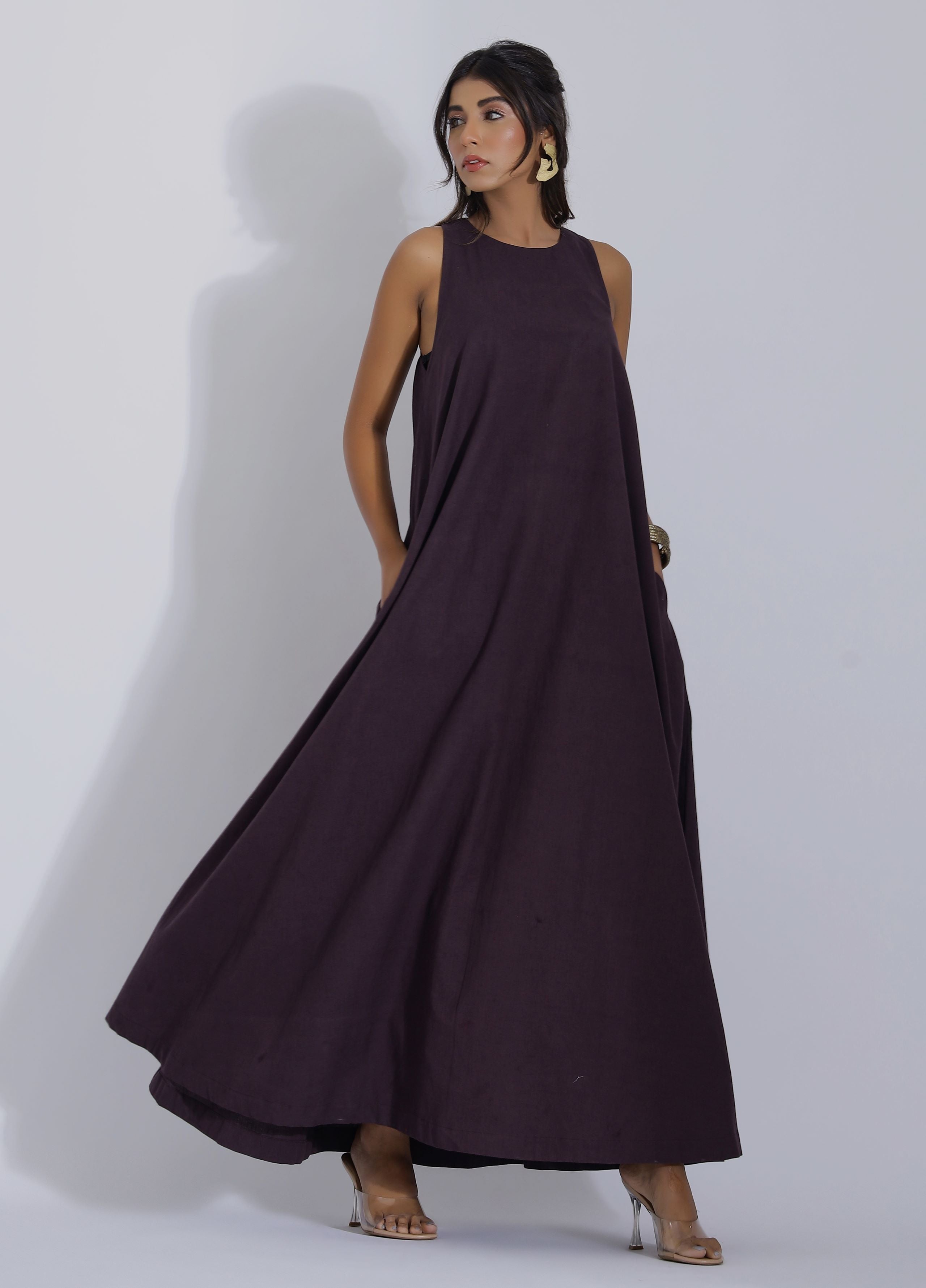 Sleeveless Brown Cotton Maxi Dress front