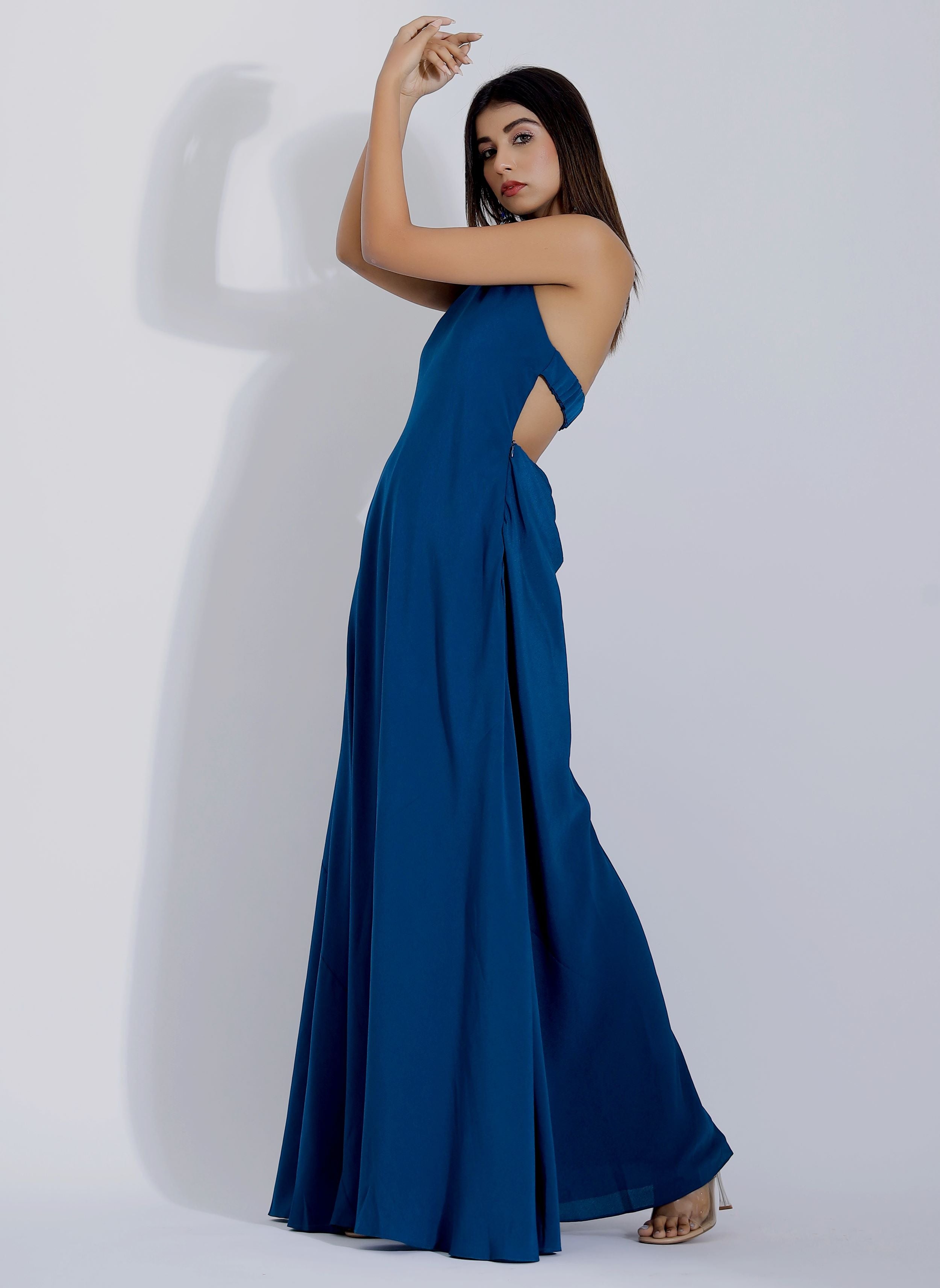Teal Blue Backless Gown Side