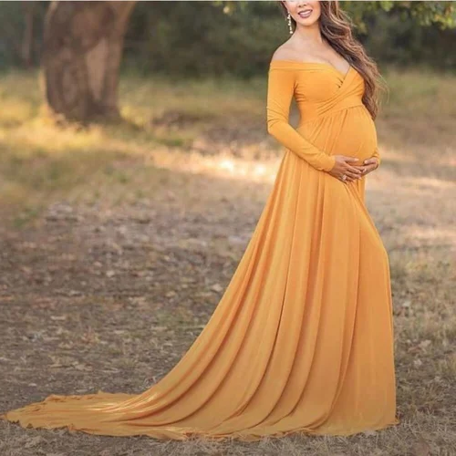 Yellow Trail Maternity Gown For Photoshoot