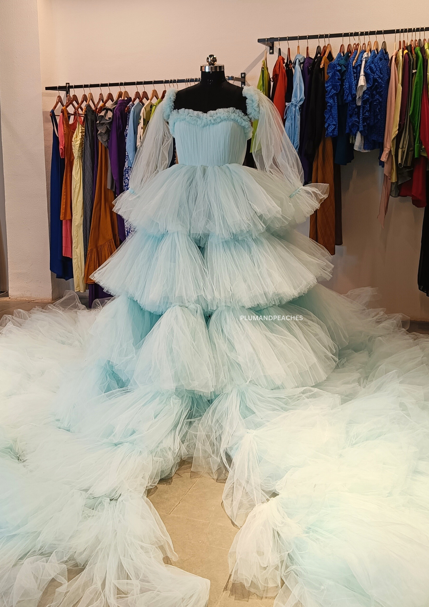 Tulle gown with long trail front 1