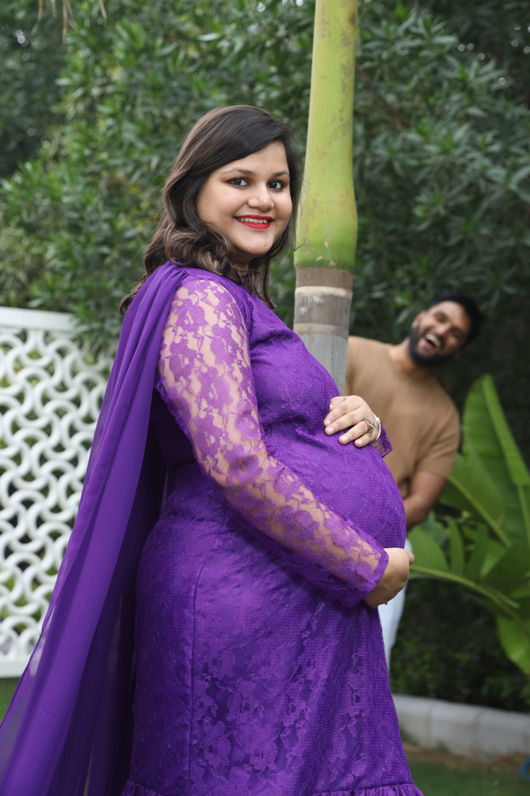 Lace Purple Maternity Photoshoot Gown With Cape