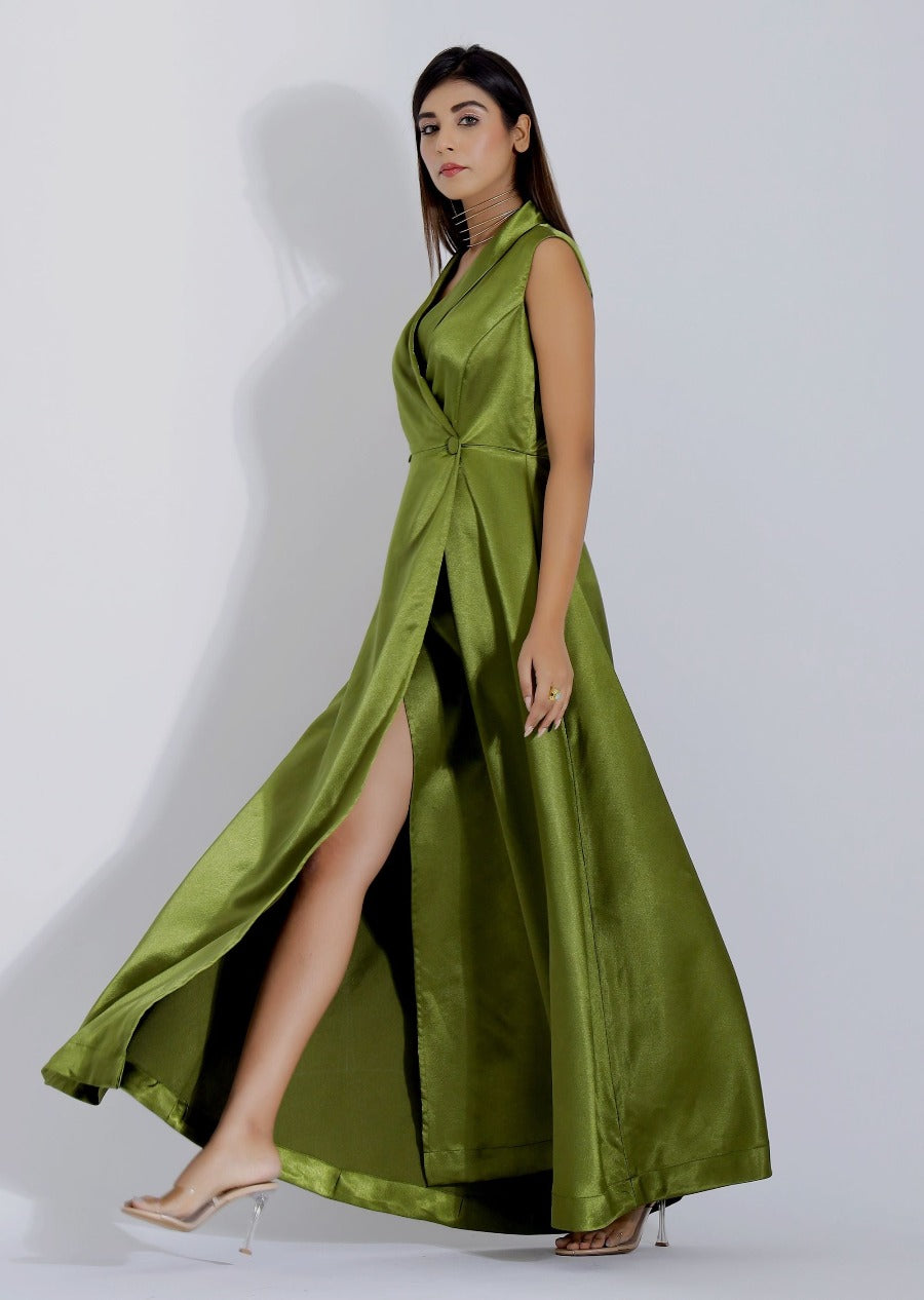 Wrap Satin Olive Green Gown