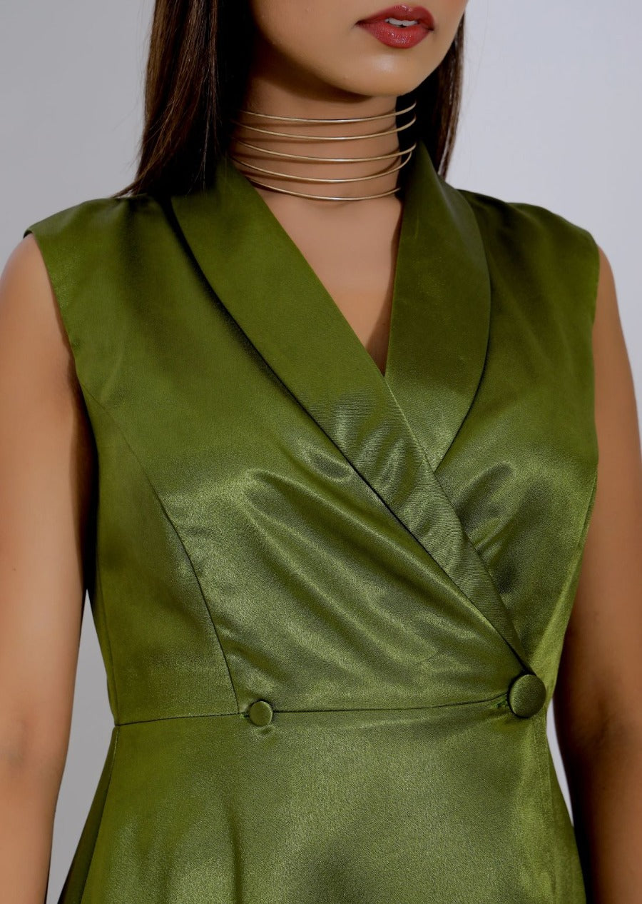 wrap satin olive green gown closeup, cocktail dress