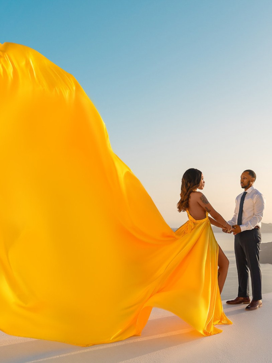 Yellow satin infinity trail gown, flying dress