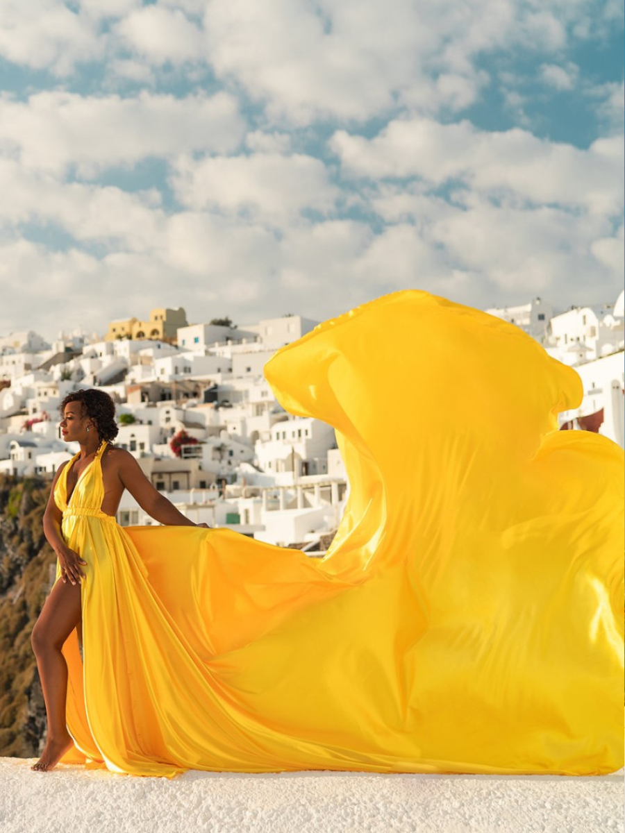 Yellow satin infinity trail gown, flying dress