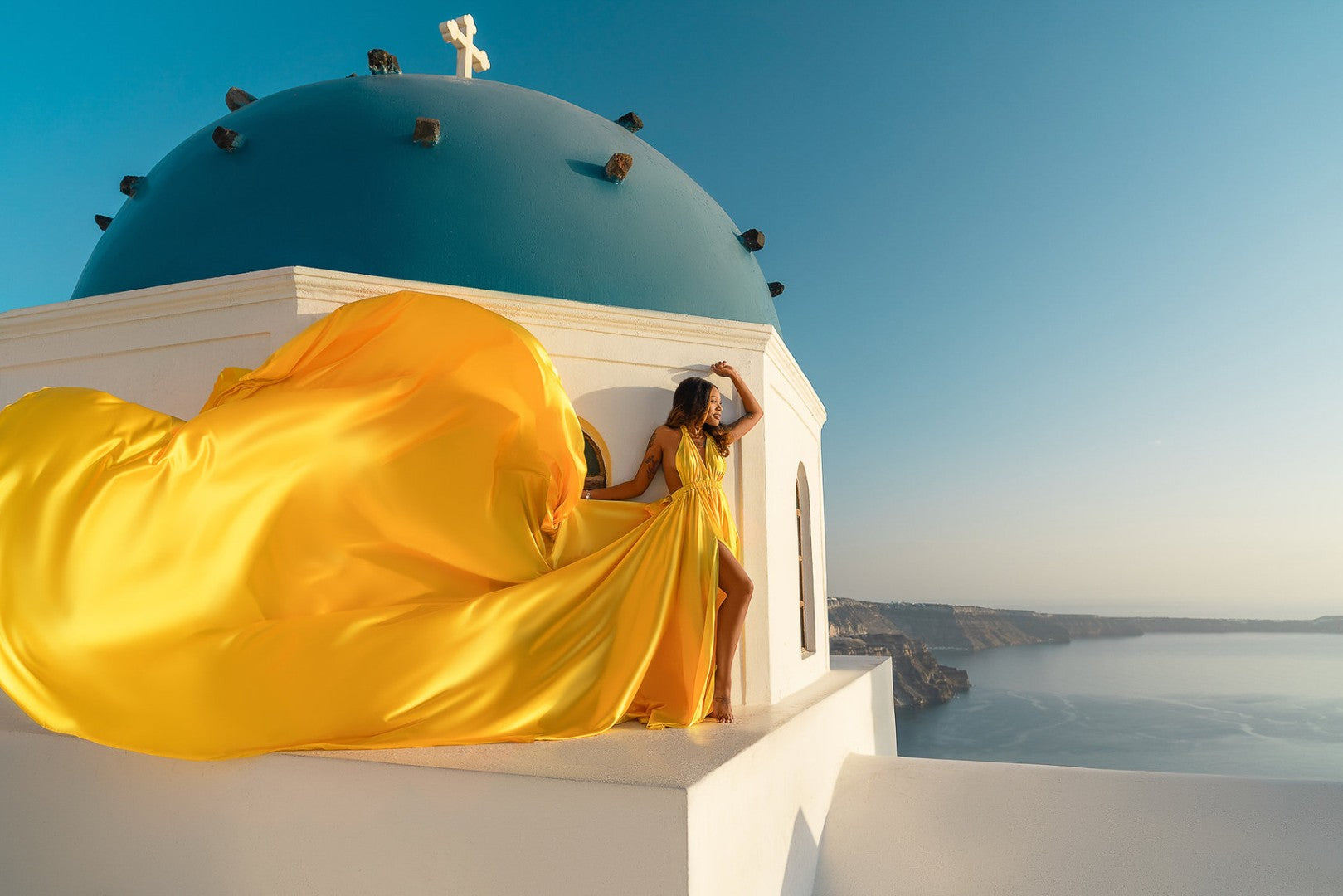 Yellow satin infinity trail gown, flying dress