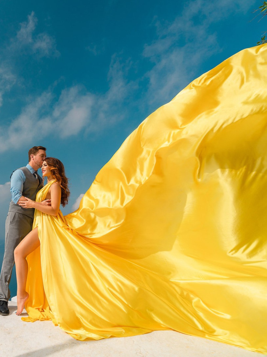 Yellow satin infinity trail gown, flying dress