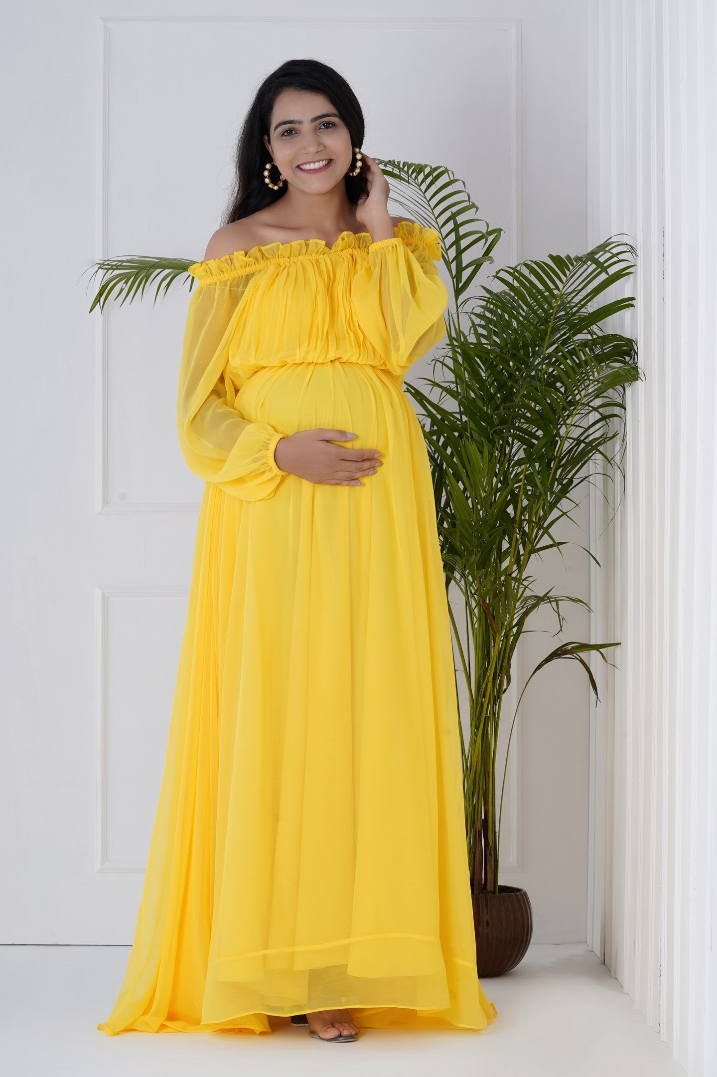 yellow chiffon maternity dress Chiffon Tossing Train Maternity Gown: Plus Size V-Neck Jersey Knit