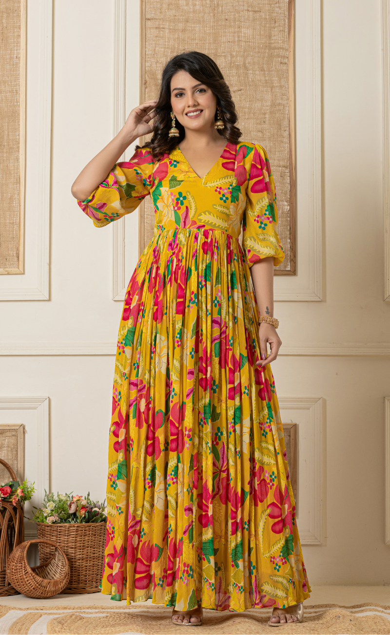 Yellow Printed Indo Western Dress for Women