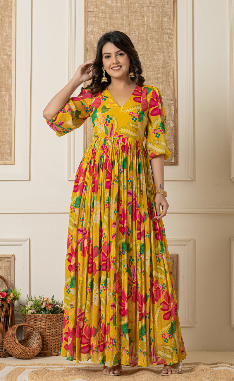 Yellow Printed Indo Western Dress Plum and Peaches