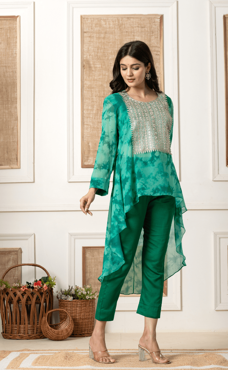 Green Embellished Asymmetrical Top and Pant Set