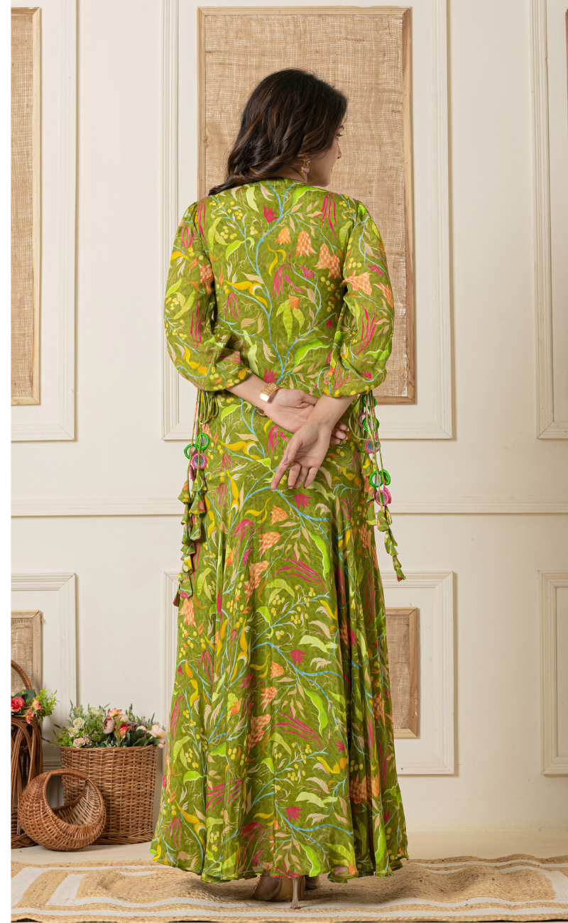 back side of green indo western printed gown