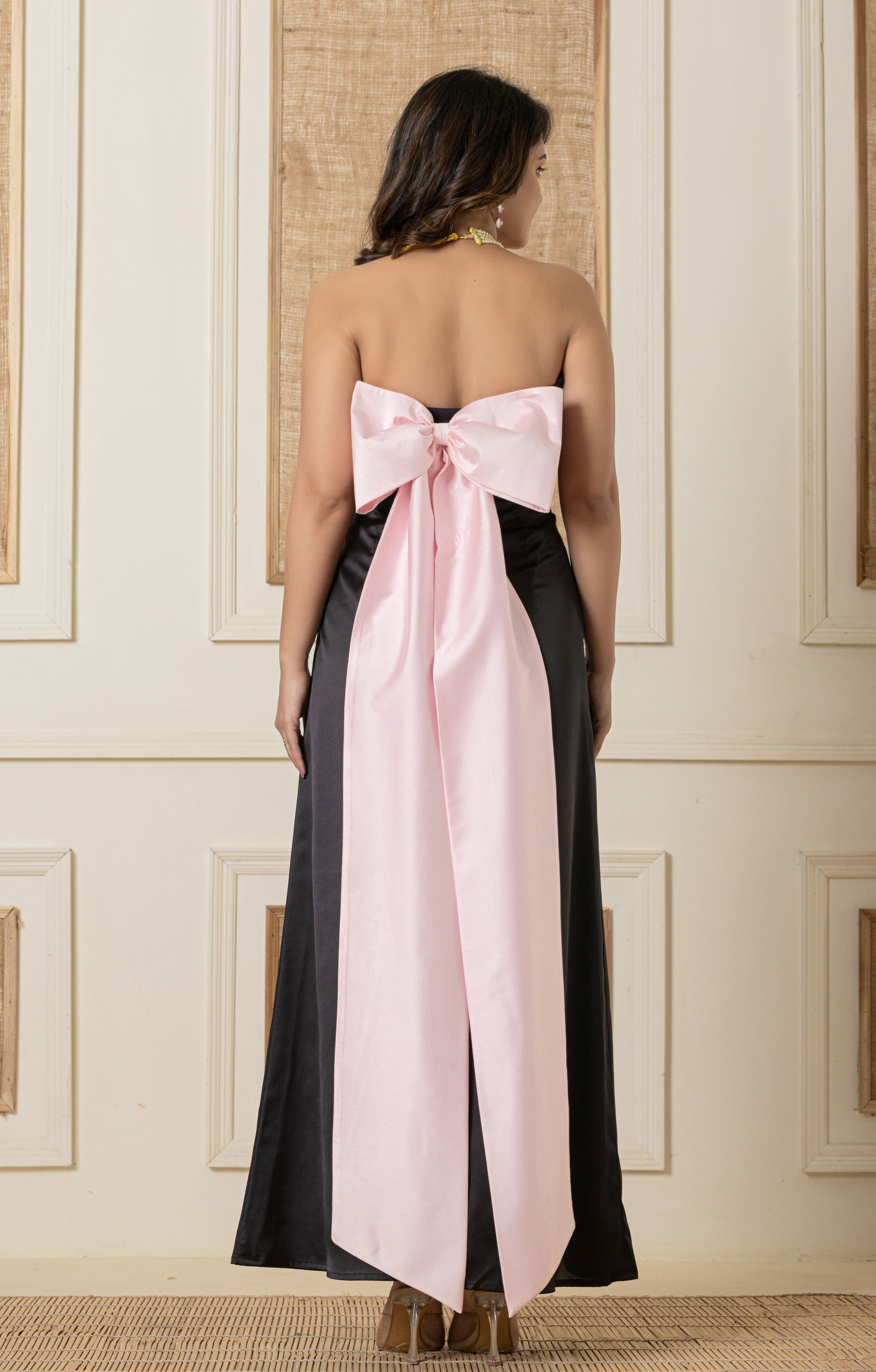 Black Evening Gown with Back Bow Plum and Peaches Black Evening Gown with Back Bow Plum and Peaches