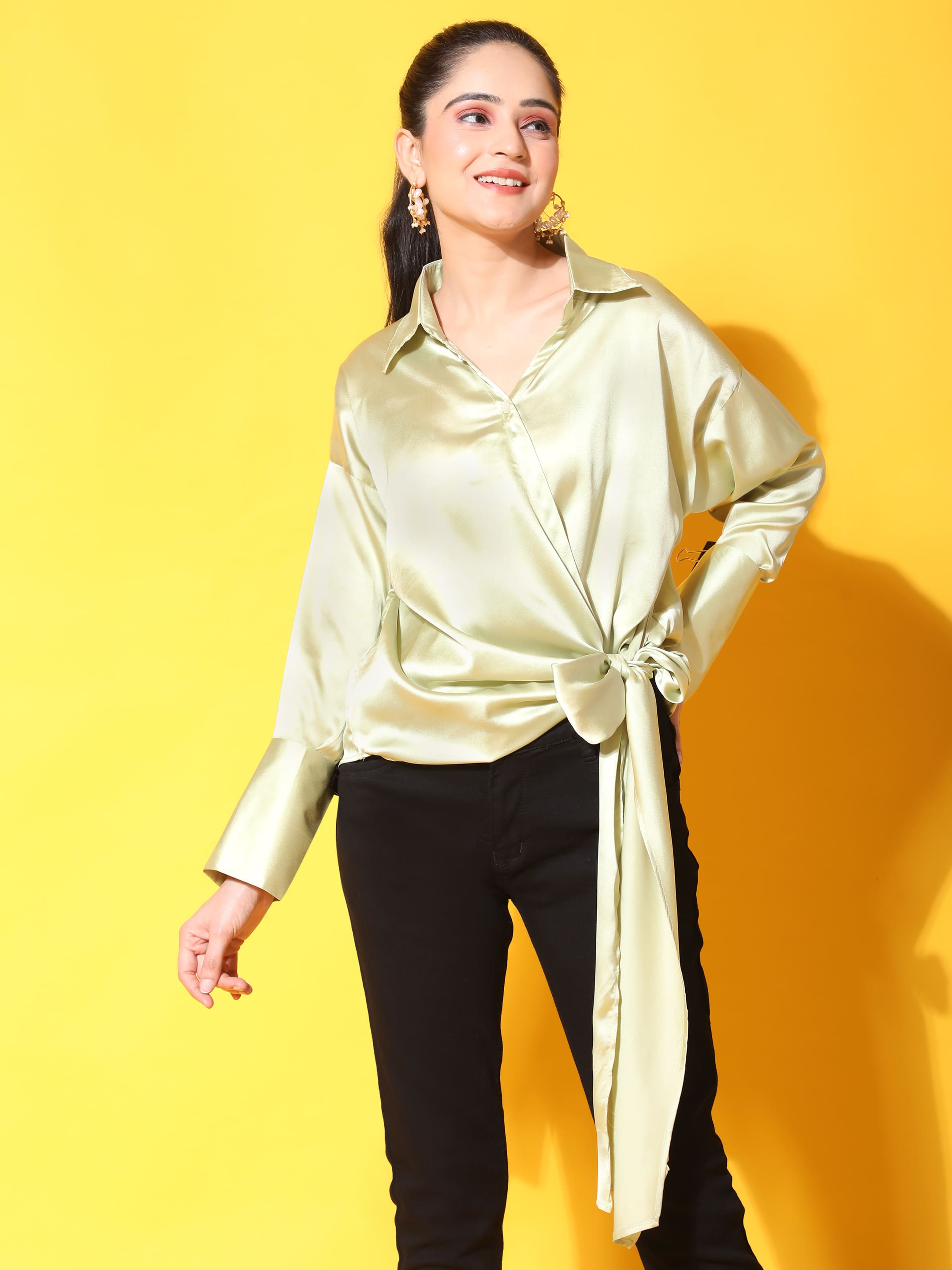 green side knot satin shirt front