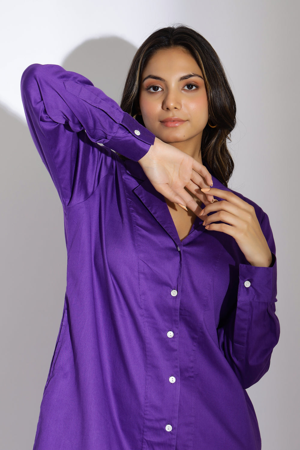 purple cotton shirt dress closeup 1